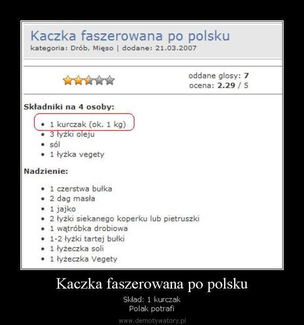 Kaczka faszerowana po polsku – Skład: 1 kurczak Polak potrafi 