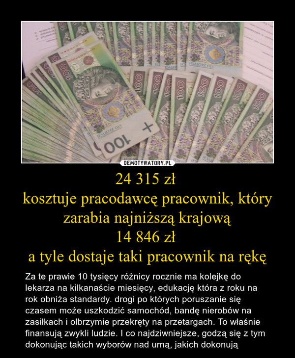24 315 zł 
kosztuje pracodawcę pracownik, który zarabia najniższą krajową
14 846 zł 
a tyle dostaje taki pracownik na rękę