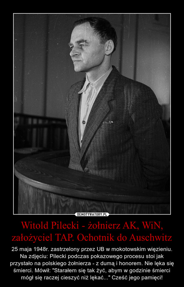 Witold Pilecki - żołnierz AK, WiN, założyciel TAP. Ochotnik do Auschwitz – 25 maja 1948r. zastrzelony przez UB w mokotowskim więzieniu. Na zdjęciu: Pilecki podczas pokazowego procesu stoi jak przystało na polskiego żołnierza - z dumą i honorem. Nie lęka się śmierci. Mówił: "Starałem się tak żyć, abym w godzinie śmierci mógł się raczej cieszyć niż lękać..." Cześć jego pamięci! 