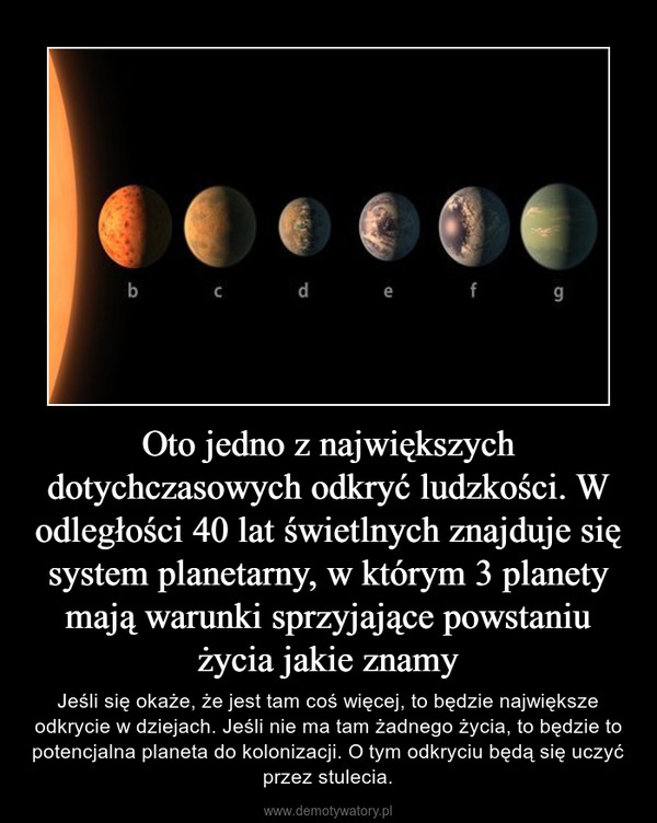 Oto jedno z największych dotychczasowych odkryć ludzkości. W odległości 40 lat świetlnych znajduje się system planetarny, w którym 3 planety mają warunki sprzyjające powstaniu życia jakie znamy – Jeśli się okaże, że jest tam coś więcej, to będzie największe odkrycie w dziejach. Jeśli nie ma tam żadnego życia, to będzie to potencjalna planeta do kolonizacji. O tym odkryciu będą się uczyć przez stulecia. 