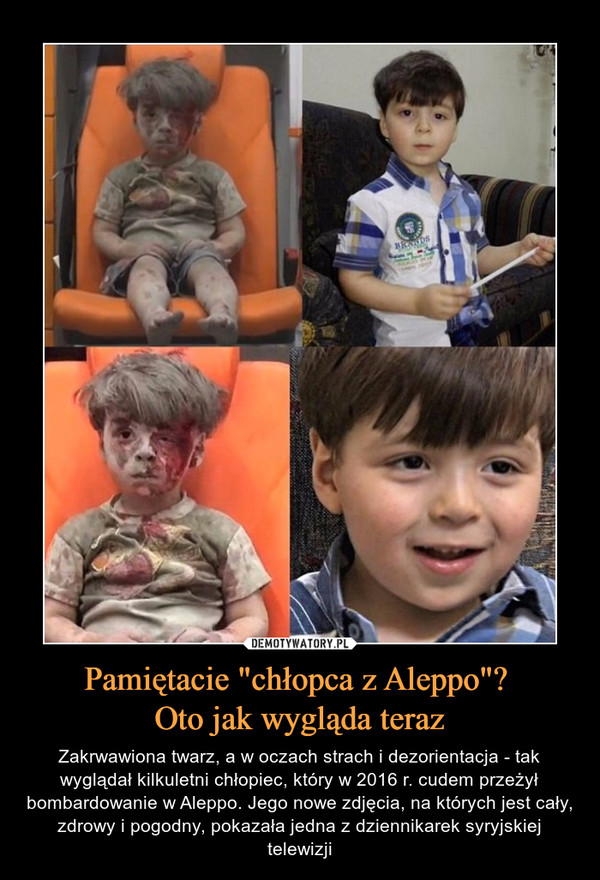 Pamiętacie "chłopca z Aleppo"? Oto jak wygląda teraz – Zakrwawiona twarz, a w oczach strach i dezorientacja - tak wyglądał kilkuletni chłopiec, który w 2016 r. cudem przeżył bombardowanie w Aleppo. Jego nowe zdjęcia, na których jest cały, zdrowy i pogodny, pokazała jedna z dziennikarek syryjskiej telewizji 