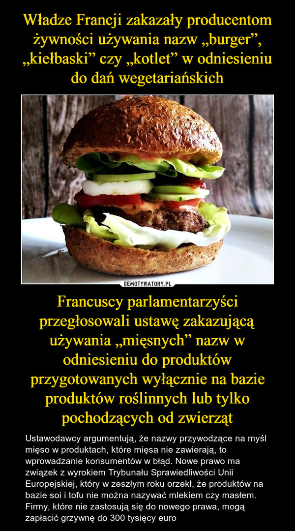 Władze Francji zakazały producentom żywności używania nazw „burger”, „kiełbaski” czy „kotlet” w odniesieniu do dań wegetariańskich Francuscy parlamentarzyści przegłosowali ustawę zakazującą używania „mięsnych” nazw w odniesieniu do produktów przygotowanych wyłącznie na bazie produktów roślinnych lub tylko pochodzących od zwierząt