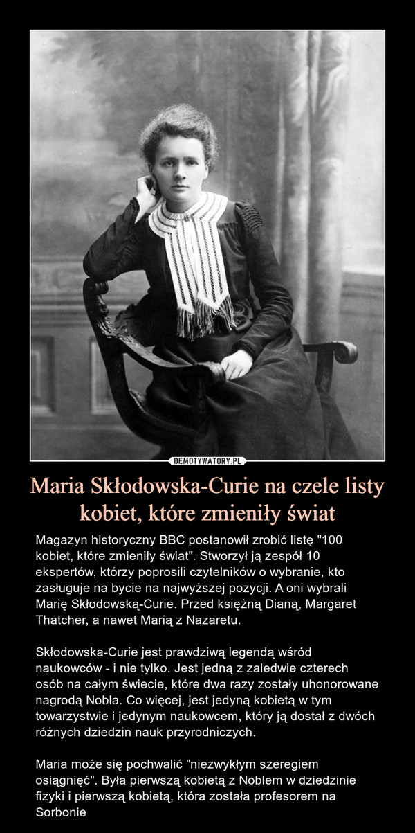 Maria Skłodowska-Curie na czele listy kobiet, które zmieniły świat