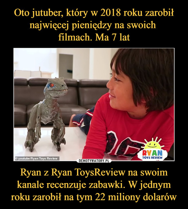 Ryan z Ryan ToysReview na swoim kanale recenzuje zabawki. W jednym roku zarobił na tym 22 miliony dolarów –  