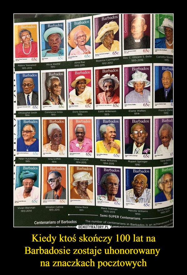 Kiedy ktoś skończy 100 lat naBarbadosie zostaje uhonorowany na znaczkach pocztowych –  