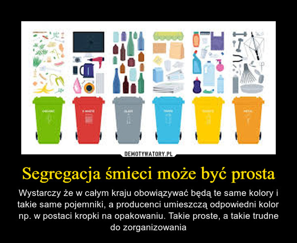 Segregacja śmieci może być prosta – Wystarczy że w całym kraju obowiązywać będą te same kolory i takie same pojemniki, a producenci umieszczą odpowiedni kolor np. w postaci kropki na opakowaniu. Takie proste, a takie trudne do zorganizowania 