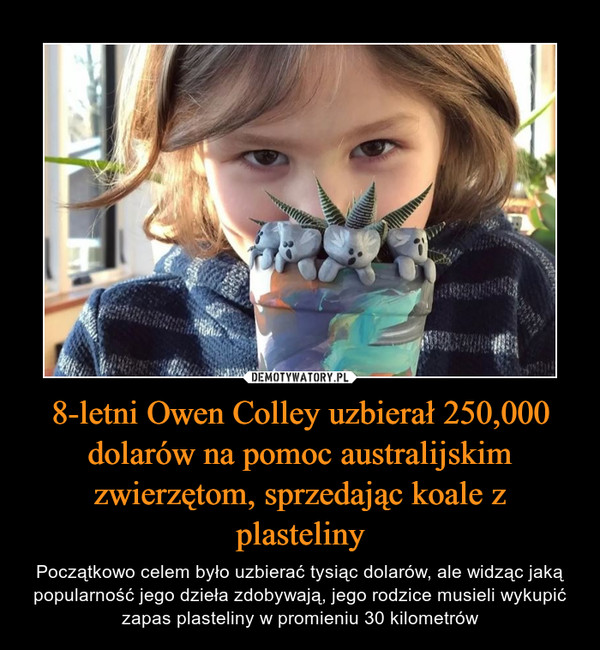 8-letni Owen Colley uzbierał 250,000 dolarów na pomoc australijskim zwierzętom, sprzedając koale z plasteliny – Początkowo celem było uzbierać tysiąc dolarów, ale widząc jaką popularność jego dzieła zdobywają, jego rodzice musieli wykupić zapas plasteliny w promieniu 30 kilometrów 