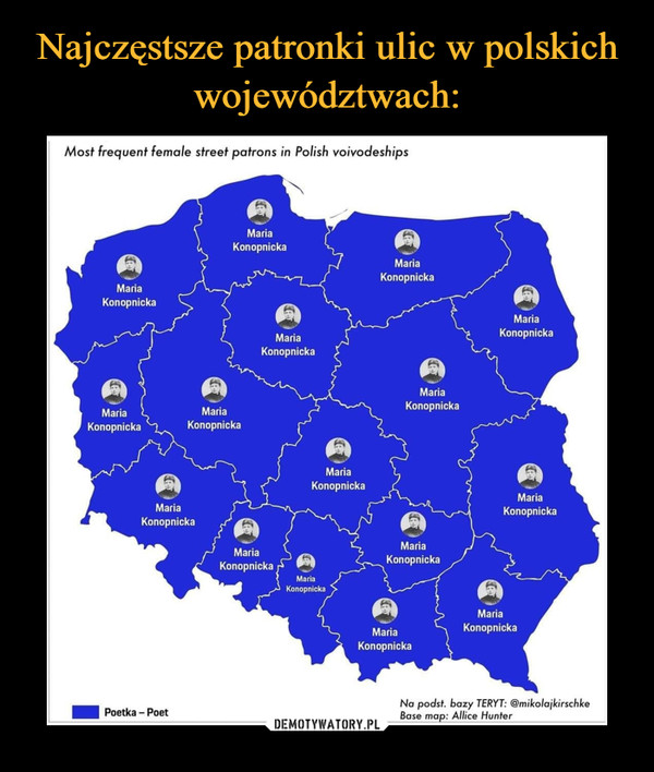 Najczęstsze patronki ulic w polskich województwach: