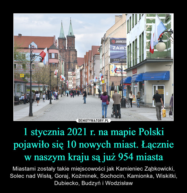 1 stycznia 2021 r. na mapie Polski pojawiło się 10 nowych miast. Łącznie
w naszym kraju są już 954 miasta