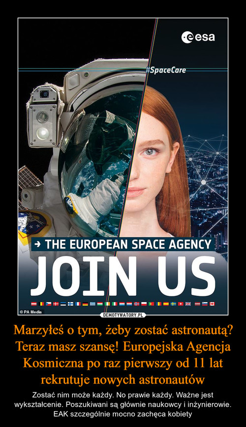 Marzyłeś o tym, żeby zostać astronautą? Teraz masz szansę! Europejska Agencja Kosmiczna po raz pierwszy od 11 lat rekrutuje nowych astronautów