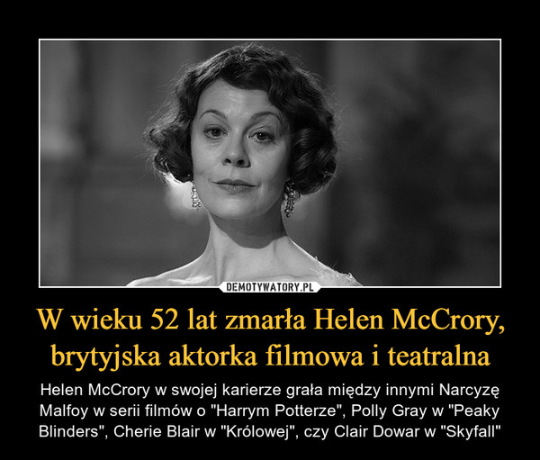 W wieku 52 lat zmarła Helen McCrory, brytyjska aktorka filmowa i teatralna – Helen McCrory w swojej karierze grała między innymi Narcyzę Malfoy w serii filmów o "Harrym Potterze", Polly Gray w "Peaky Blinders", Cherie Blair w "Królowej", czy Clair Dowar w "Skyfall" 