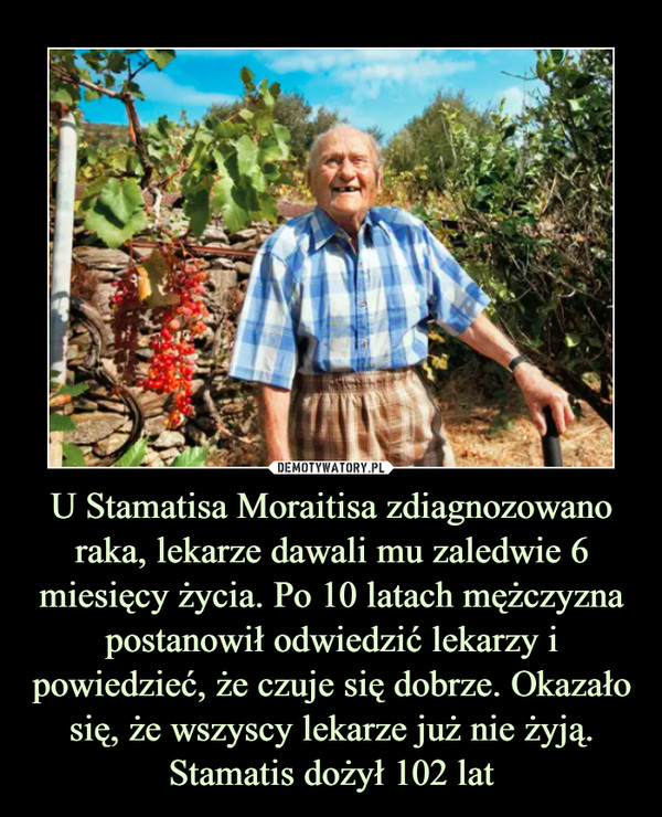 U Stamatisa Moraitisa zdiagnozowano raka, lekarze dawali mu zaledwie 6 miesięcy życia. Po 10 latach mężczyzna postanowił odwiedzić lekarzy i powiedzieć, że czuje się dobrze. Okazało się, że wszyscy lekarze już nie żyją. Stamatis dożył 102 lat –  
