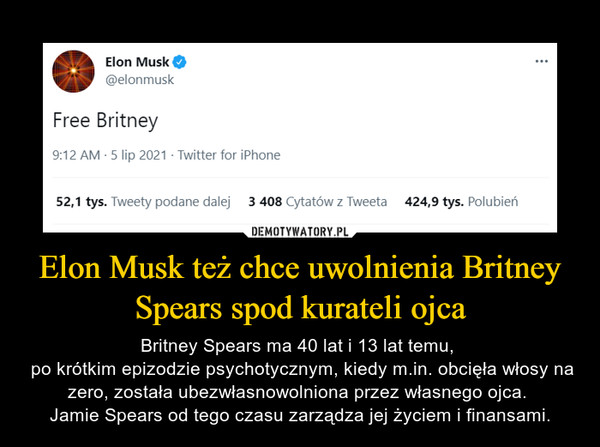 Elon Musk też chce uwolnienia Britney Spears spod kurateli ojca – Britney Spears ma 40 lat i 13 lat temu,  po krótkim epizodzie psychotycznym, kiedy m.in. obcięła włosy na zero, została ubezwłasnowolniona przez własnego ojca. Jamie Spears od tego czasu zarządza jej życiem i finansami. 