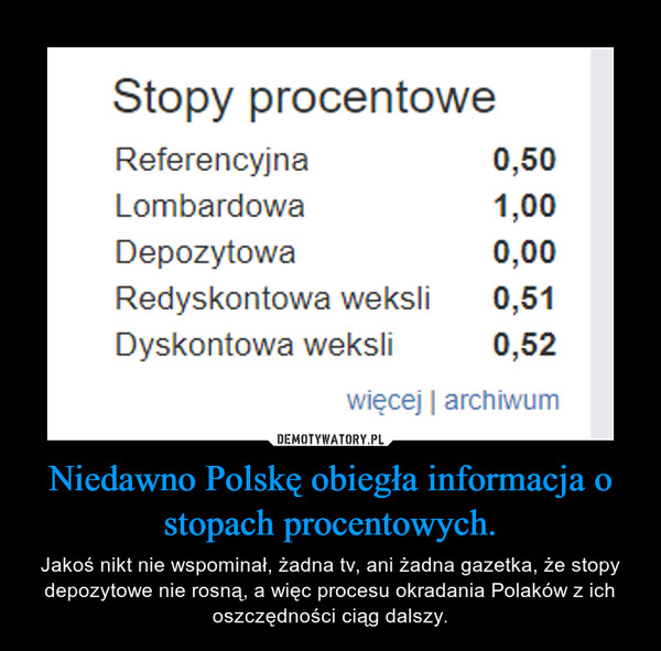 Niedawno Polskę obiegła informacja o stopach procentowych. – Jakoś nikt nie wspominał, żadna tv, ani żadna gazetka, że stopy depozytowe nie rosną, a więc procesu okradania Polaków z ich oszczędności ciąg dalszy. 