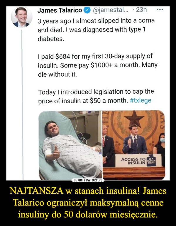 NAJTANSZA w stanach insulina! James Talarico ograniczył maksymalną cenne insuliny do 50 dolarów miesięcznie. –  