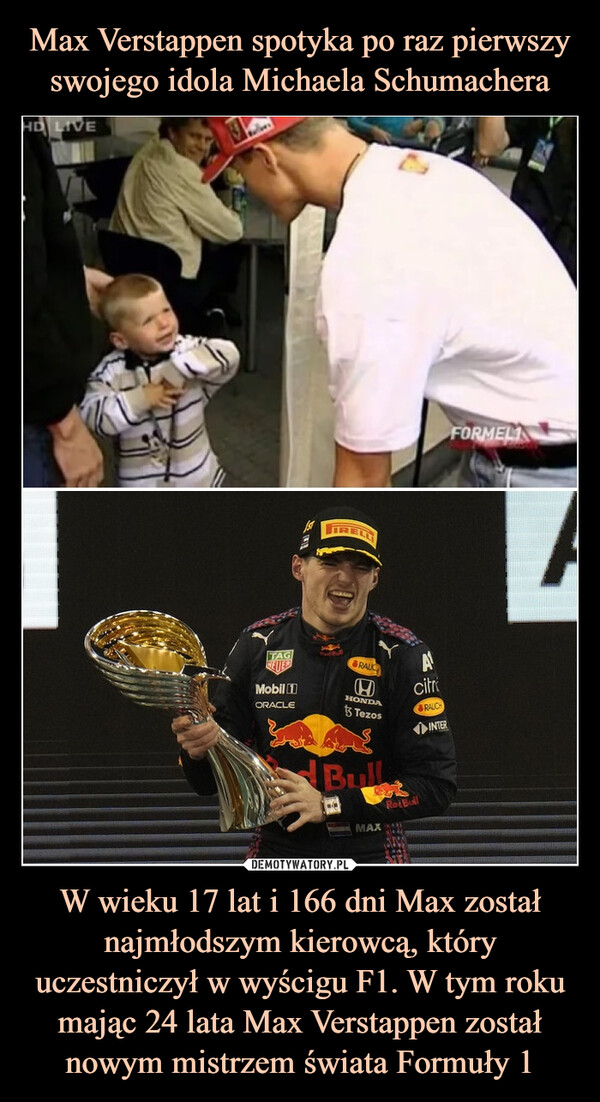 W wieku 17 lat i 166 dni Max został najmłodszym kierowcą, który uczestniczył w wyścigu F1. W tym roku mając 24 lata Max Verstappen został nowym mistrzem świata Formuły 1 –  