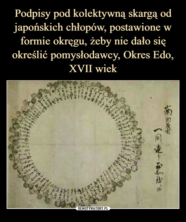 Podpisy pod kolektywną skargą od japońskich chłopów, postawione w formie okręgu, żeby nie dało się określić pomysłodawcy, Okres Edo, XVII wiek
