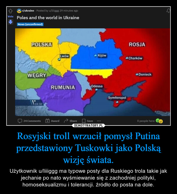 Rosyjski troll wrzucił pomysł Putina przedstawiony Tuskowki jako Polską wizję świata.