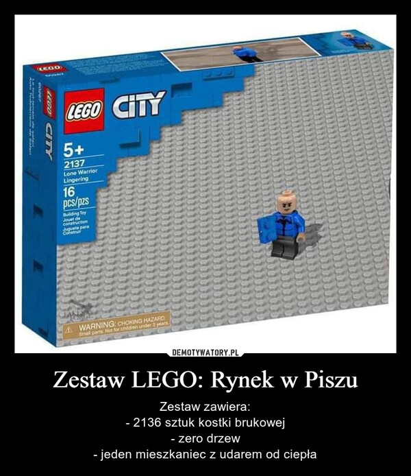 Zestaw LEGO: Rynek w Piszu – Zestaw zawiera:- 2136 sztuk kostki brukowej- zero drzew- jeden mieszkaniec z udarem od ciepła 