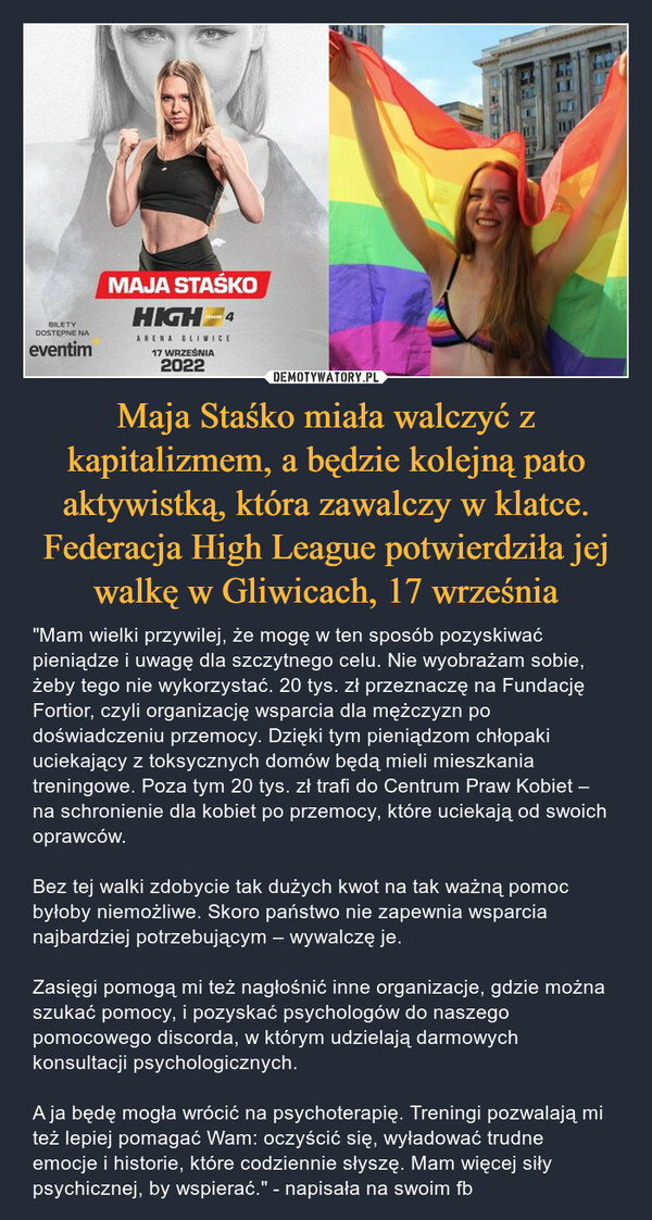 Maja Staśko miała walczyć z kapitalizmem, a będzie kolejną pato aktywistką, która zawalczy w klatce. Federacja High League potwierdziła jej walkę w Gliwicach, 17 września