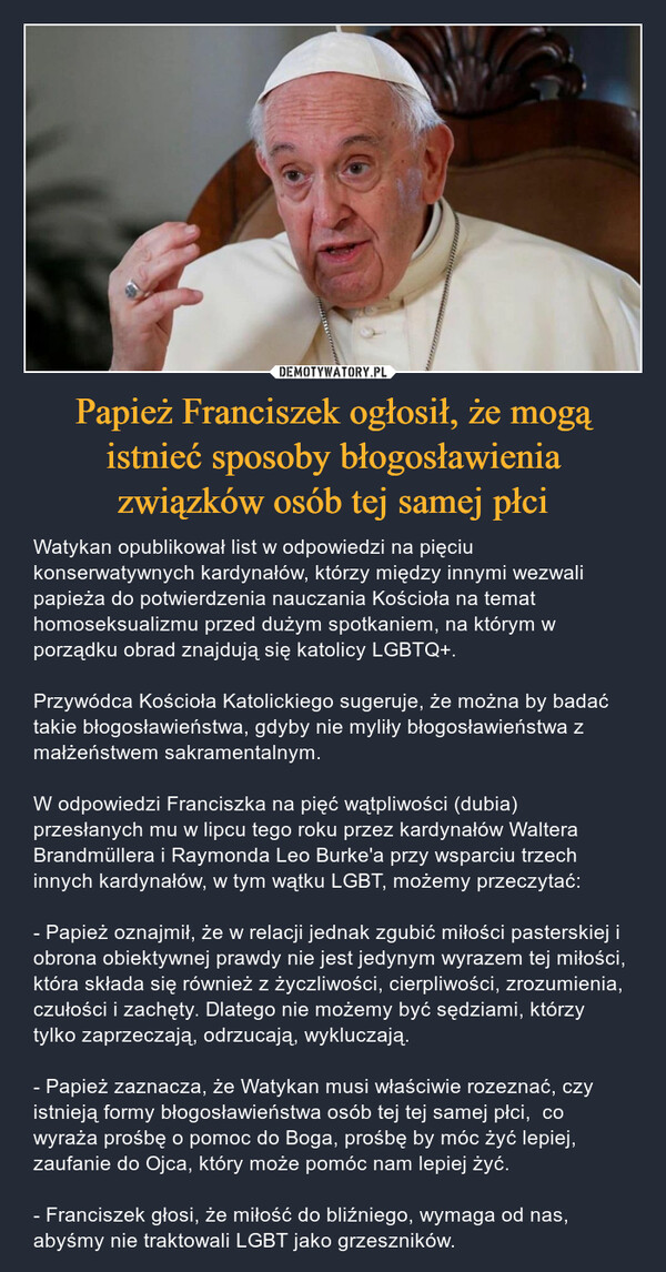Papież Franciszek ogłosił, że mogą istnieć sposoby błogosławienia związków osób tej samej płci