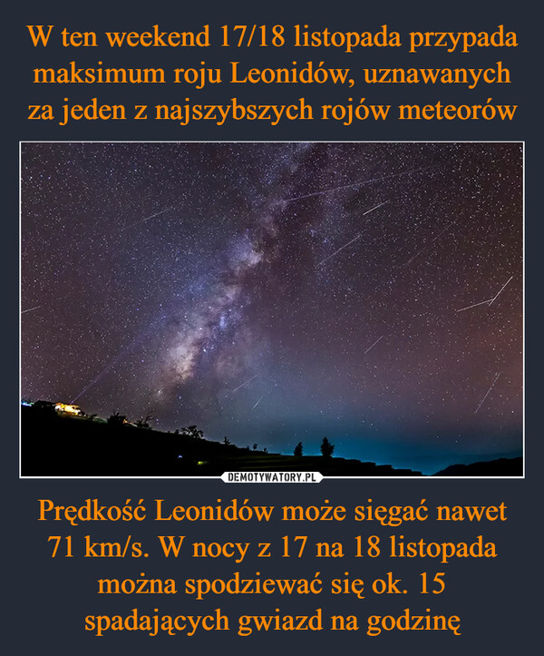 Prędkość Leonidów może sięgać nawet 71 km/s. W nocy z 17 na 18 listopada można spodziewać się ok. 15 spadających gwiazd na godzinę –  