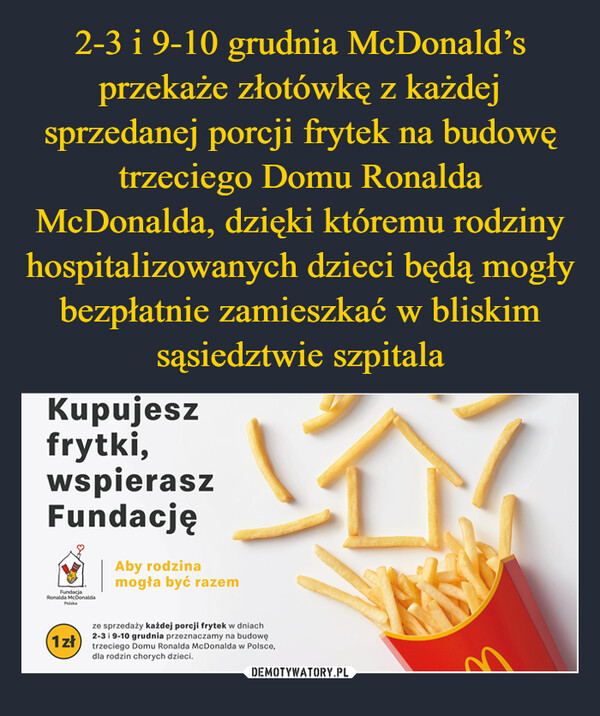  –  Kupujeszfrytki,wspieraszFundacjęFundacjaRonalda McDonalda1złAby rodzinamogła być razemze sprzedaży każdej porcji frytek w dniach2-3 i 9-10 grudnia przeznaczamy na budowętrzeciego Domu Ronalda McDonalda w Polsce,dla rodzin chorych dzieci.E