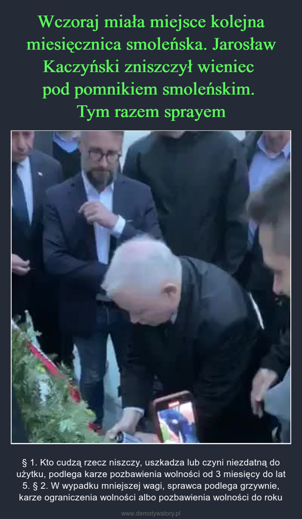  – § 1. Kto cudzą rzecz niszczy, uszkadza lub czyni niezdatną do użytku, podlega karze pozbawienia wolności od 3 miesięcy do lat 5. § 2. W wypadku mniejszej wagi, sprawca podlega grzywnie, karze ograniczenia wolności albo pozbawienia wolności do roku 